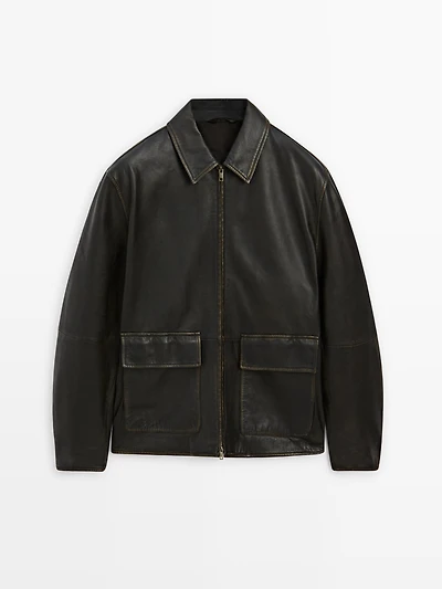 Distressed effect short nappa leather jacket