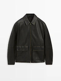 Distressed effect short nappa leather jacket