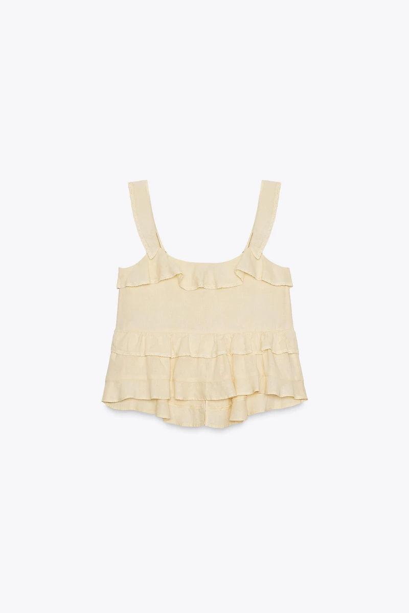 LINEN LACE TRIM RUFFLED TOP