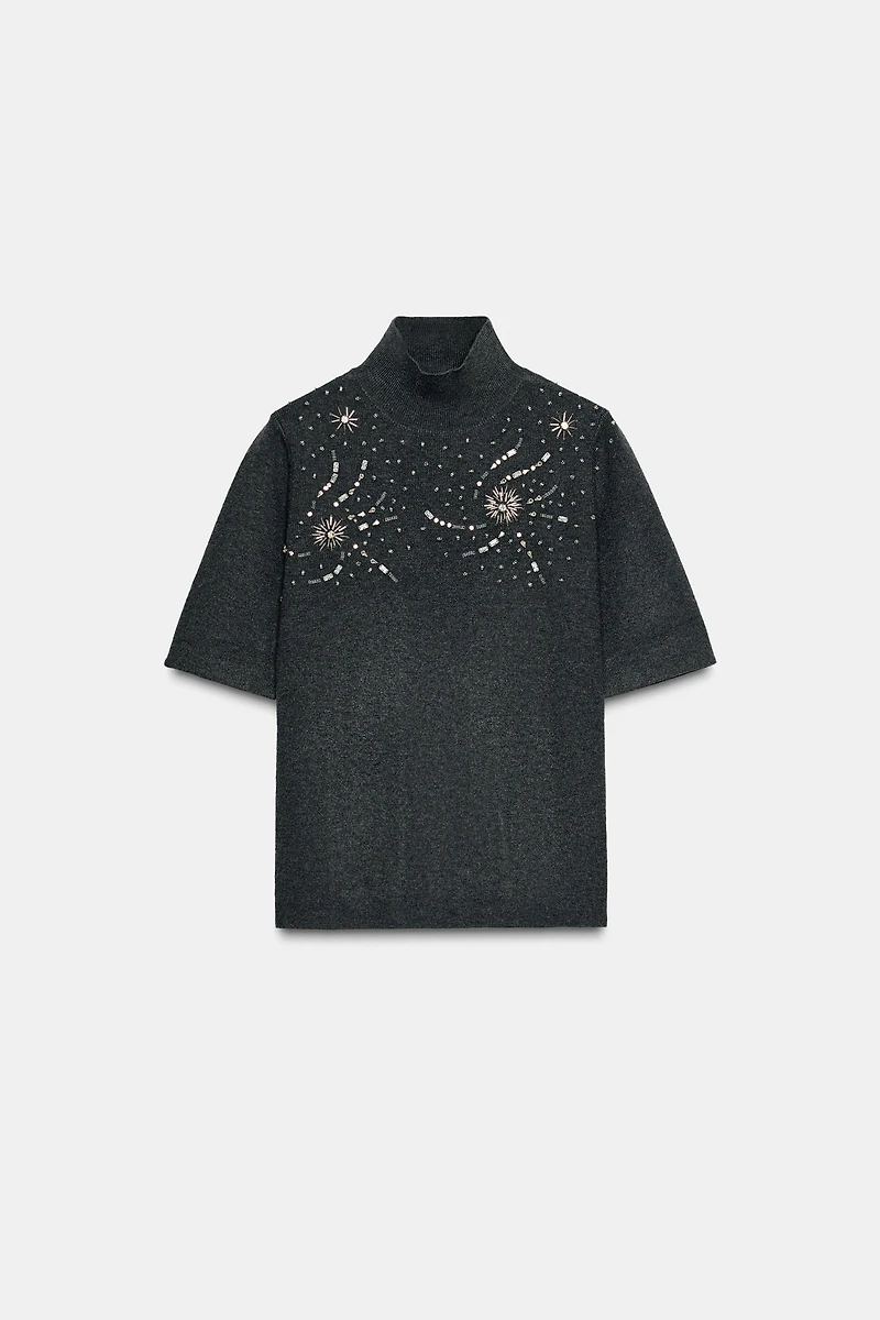 SHORT SLEEVE BEADED KNIT JUMPER