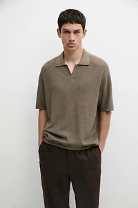 Cotton blend knit V-neck polo shirt