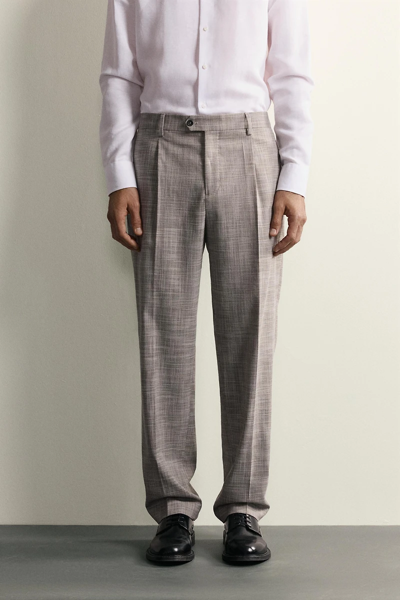 CHECKED WOOL BLEND PLEATED SUIT PANTS
