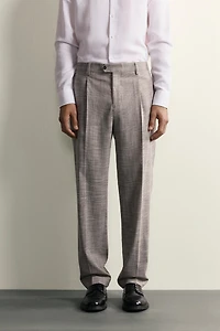 CHECKED WOOL BLEND PLEATED SUIT PANTS