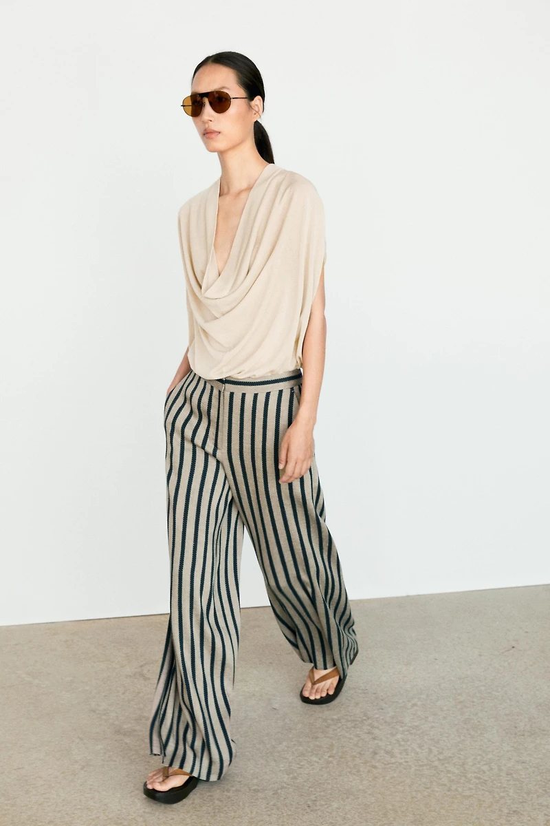 Striped wide-leg linen blend pants