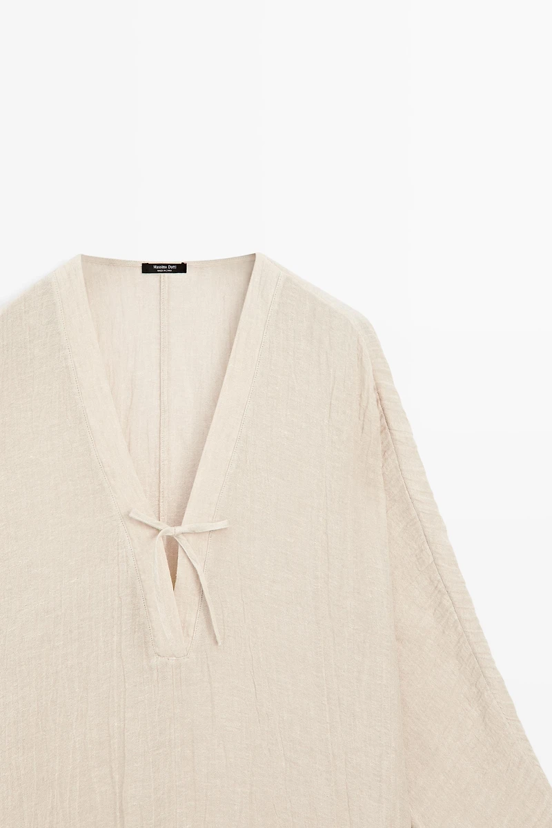 Linen blend kaftan dress with tied neckline