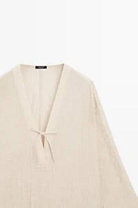 Linen blend kaftan dress with tied neckline