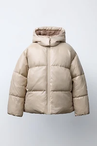 SHINY HOODED PUFFER JACKET WITH FAUX FUR LINING