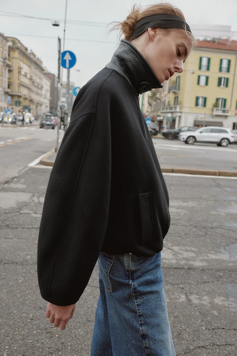 CONTRAST COLLAR WOOL BALLOON BOMBER JACKET