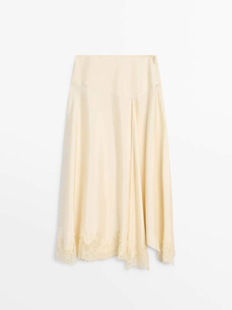 Asymmetric skirt with lace-trimmed detail