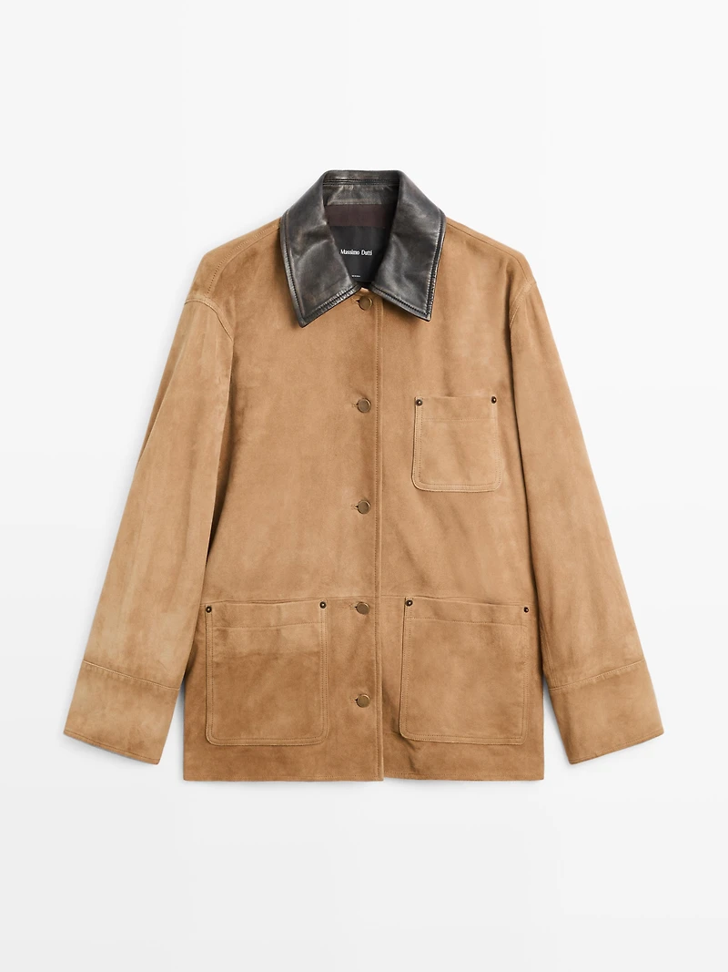 Veste col contrastant en cuir effet daim