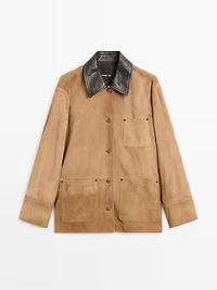 Veste col contrastant en cuir effet daim