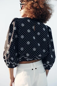 EMBROIDERED PERFORATED POLKA DOT BLOUSE