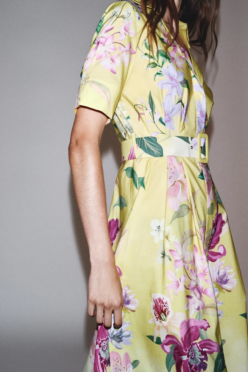 BELTED FLORAL PRINT MIDI DRESS