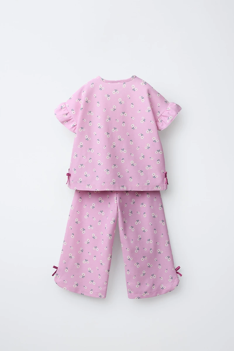 FLORAL PRINT T-SHIRT AND PANTS SET WITH BOWS