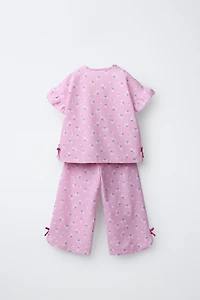 FLORAL PRINT T-SHIRT AND PANTS SET WITH BOWS