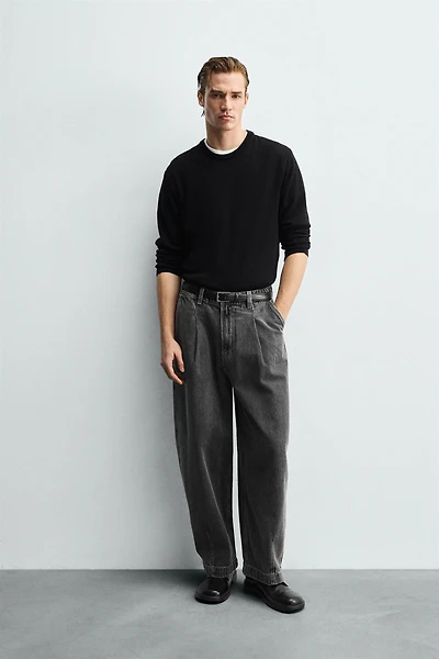 PLEATED WIDE FIT DENIM CHINO PANTS