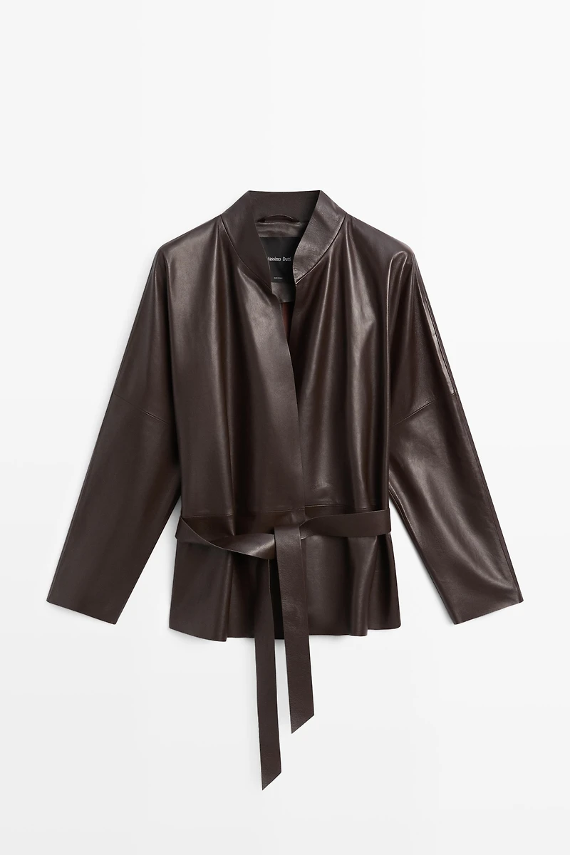 Wrap-front nappa leather jacket with tie detail