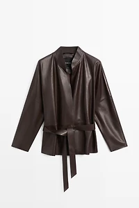 Wrap-front nappa leather jacket with tie detail