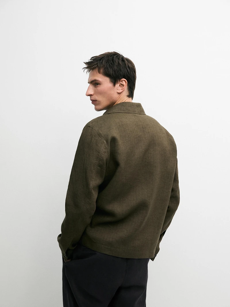 100% linen overshirt with striped pocket details