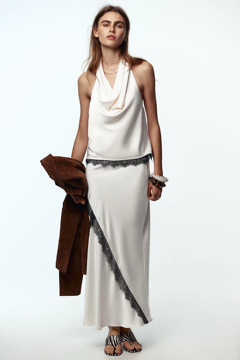 SATIN EFFECT LACE MIDI SKIRT