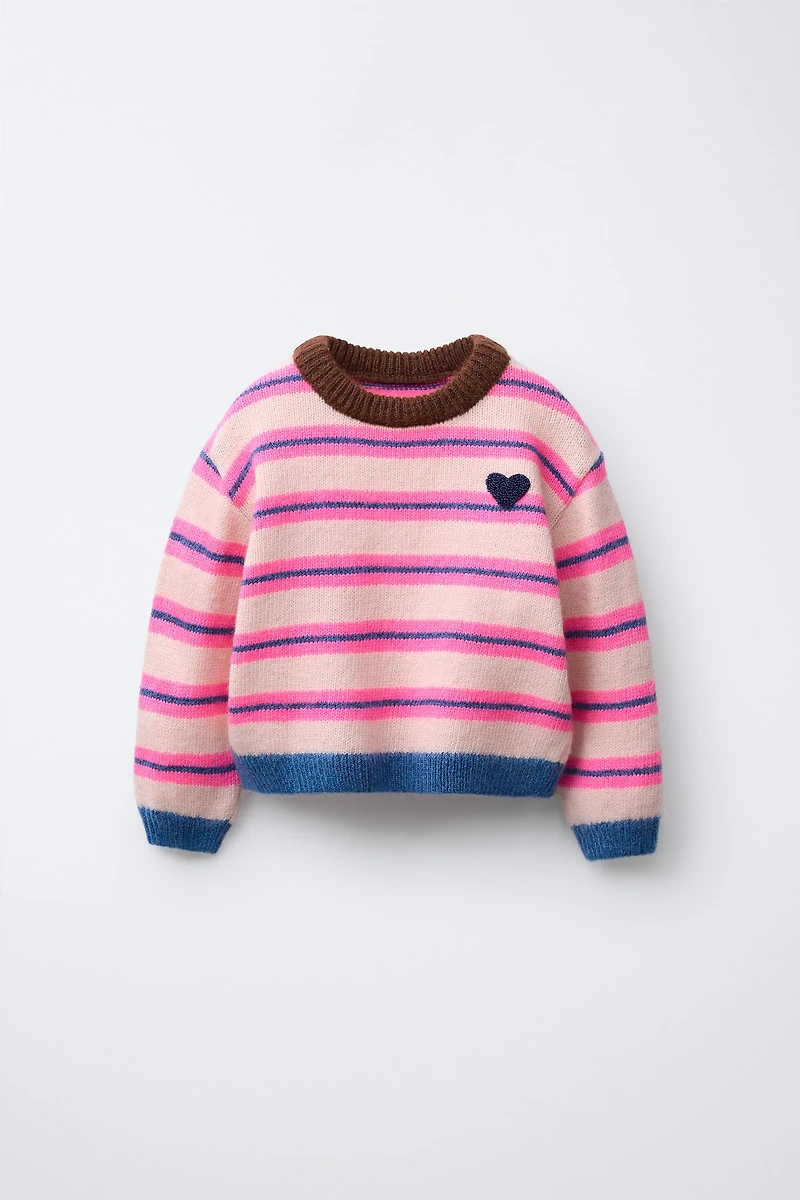 FLUORESCENT STRIPED EMBROIDERED HEART KNIT JUMPER