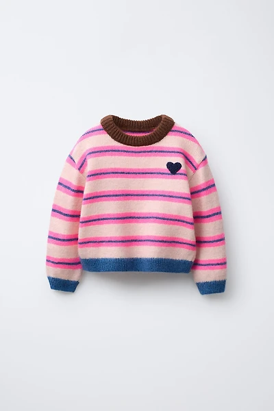 FLUORESCENT STRIPED EMBROIDERED HEART KNIT JUMPER