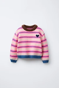 FLUORESCENT STRIPED EMBROIDERED HEART KNIT JUMPER