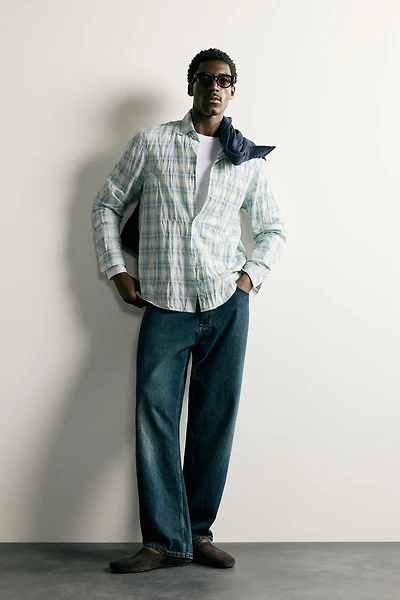 REGULAR FIT WRINKLE EFFECT PLAID SHIRT