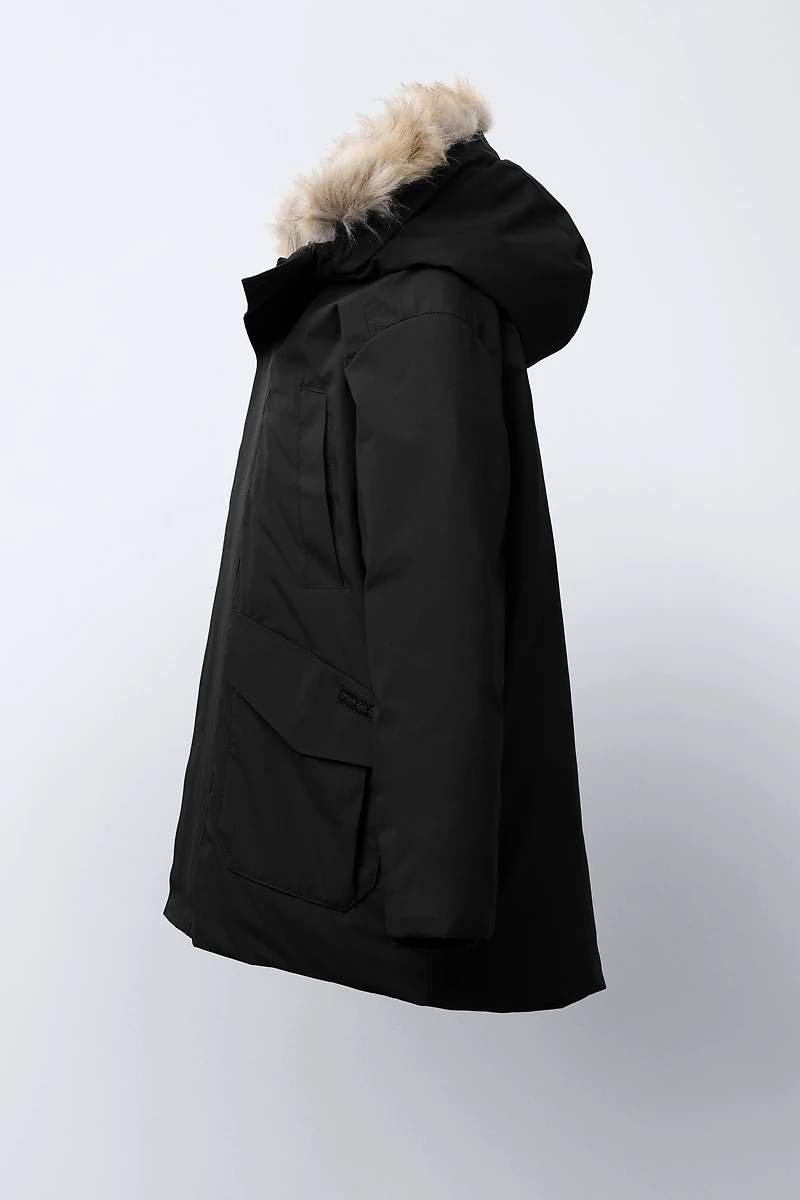 LONG FEATHER DOWN WATER REPELLENT PUFFER COAT WITH DETACHABLE FAUX FUR HOODIE