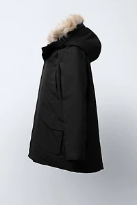 LONG FEATHER DOWN WATER REPELLENT PUFFER COAT WITH DETACHABLE FAUX FUR HOODIE