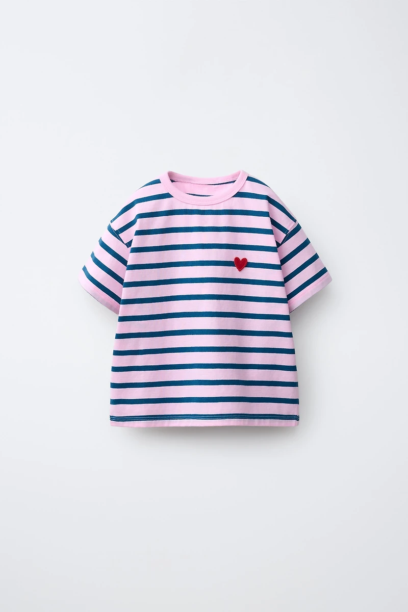 EMBROIDERED HEART STRIPED T-SHIRT