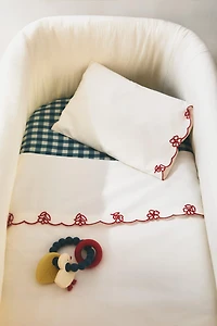 EMBROIDERED FLOWERS CRIB FLAT SHEET AND PILLOWCASE SET