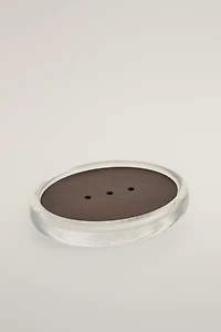 ACACIA WOOD AND GLASS BATHROOM SOAP DISH