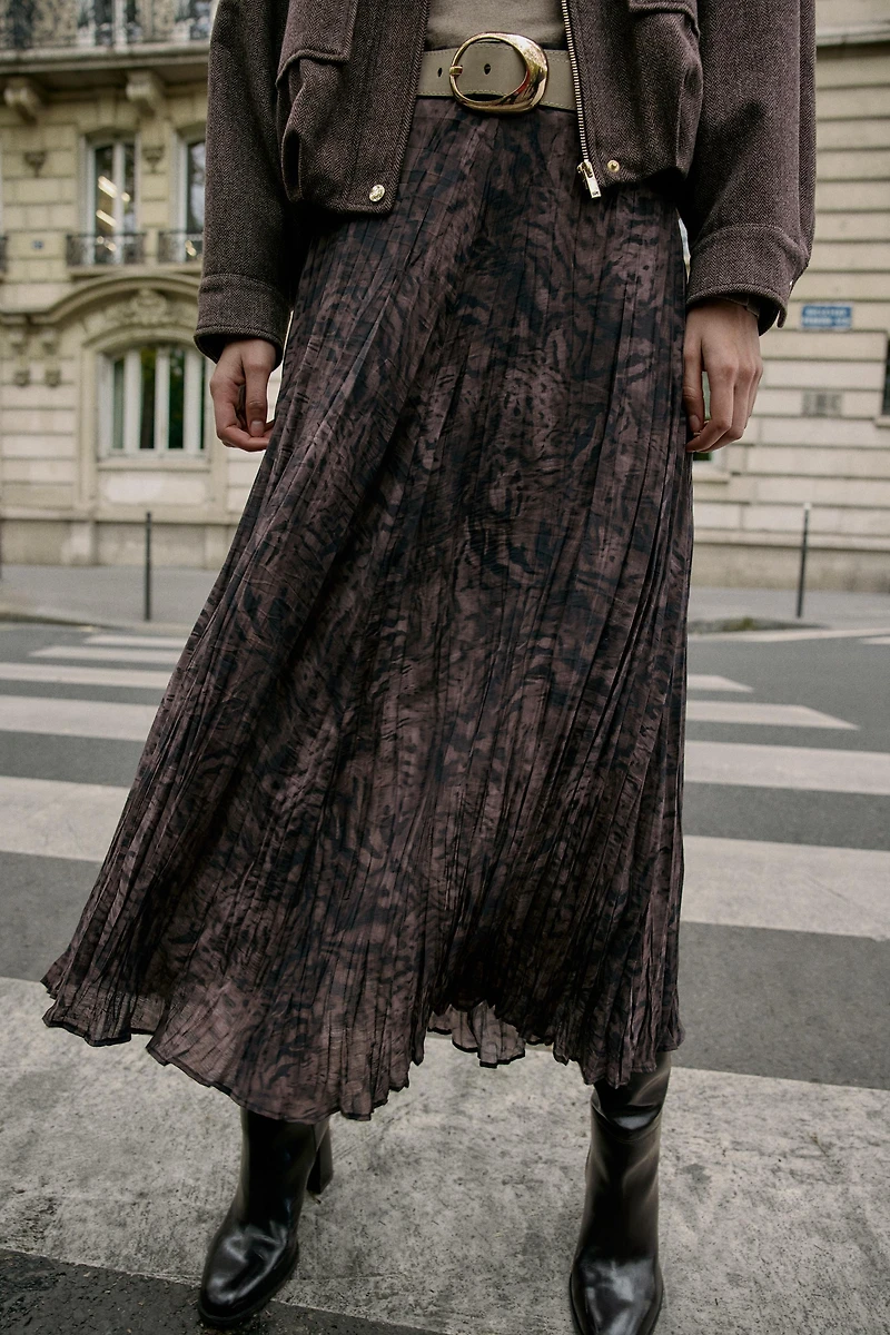 PRINTED BELTED MIDI SKIRT