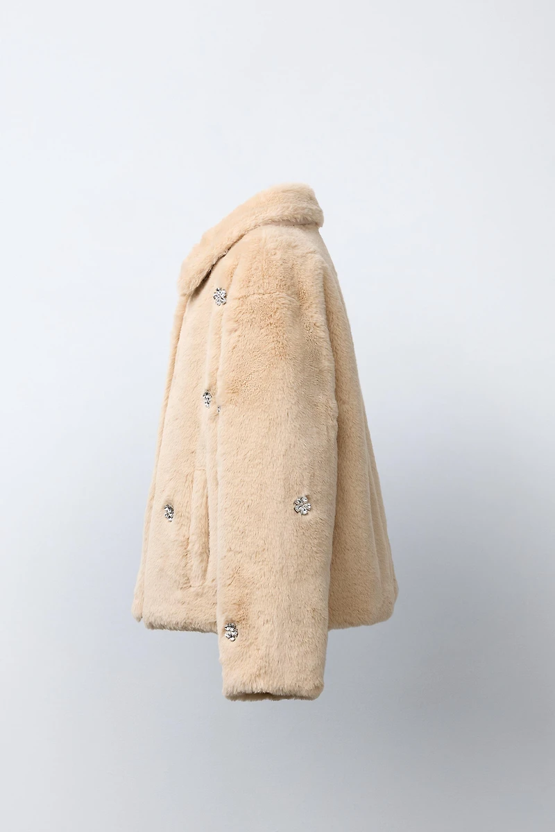 JEWELED FAUX FUR SHORT COAT