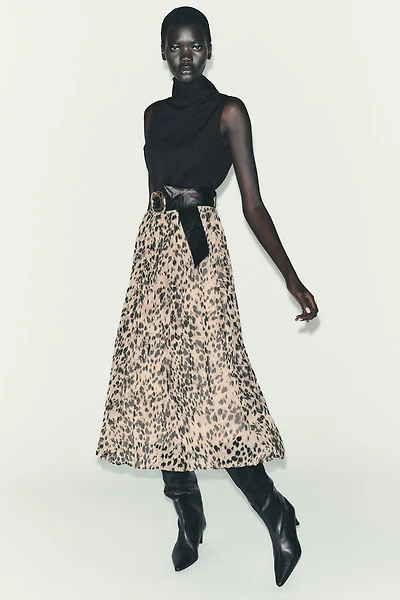 ANIMAL PRINT COMBINATION MIDI DRESS WITH BELT
