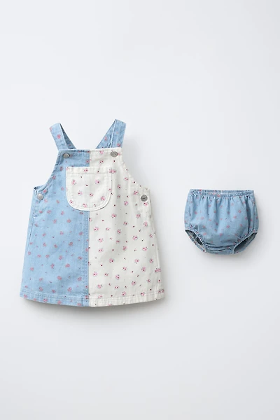 ROBE-SALOPETTE ET CULOTTE EN DENIM PATCHWORK FLEURI