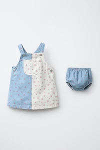 DENIM PATCHWORK FLORAL PINAFORE AND BLOOMERS