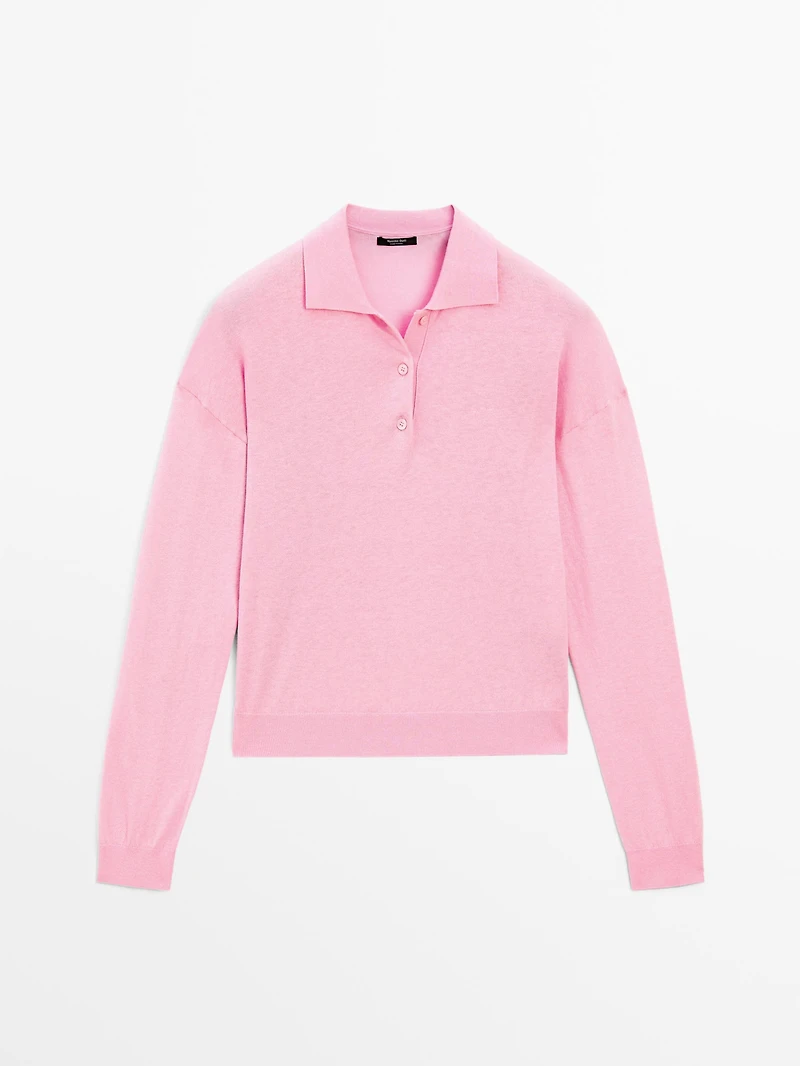Cotton blend knit polo sweater