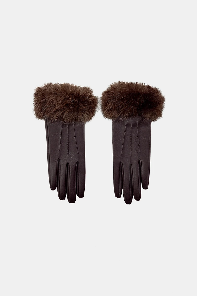 SHORT FAUX LEATHER AND FUR GLOVES