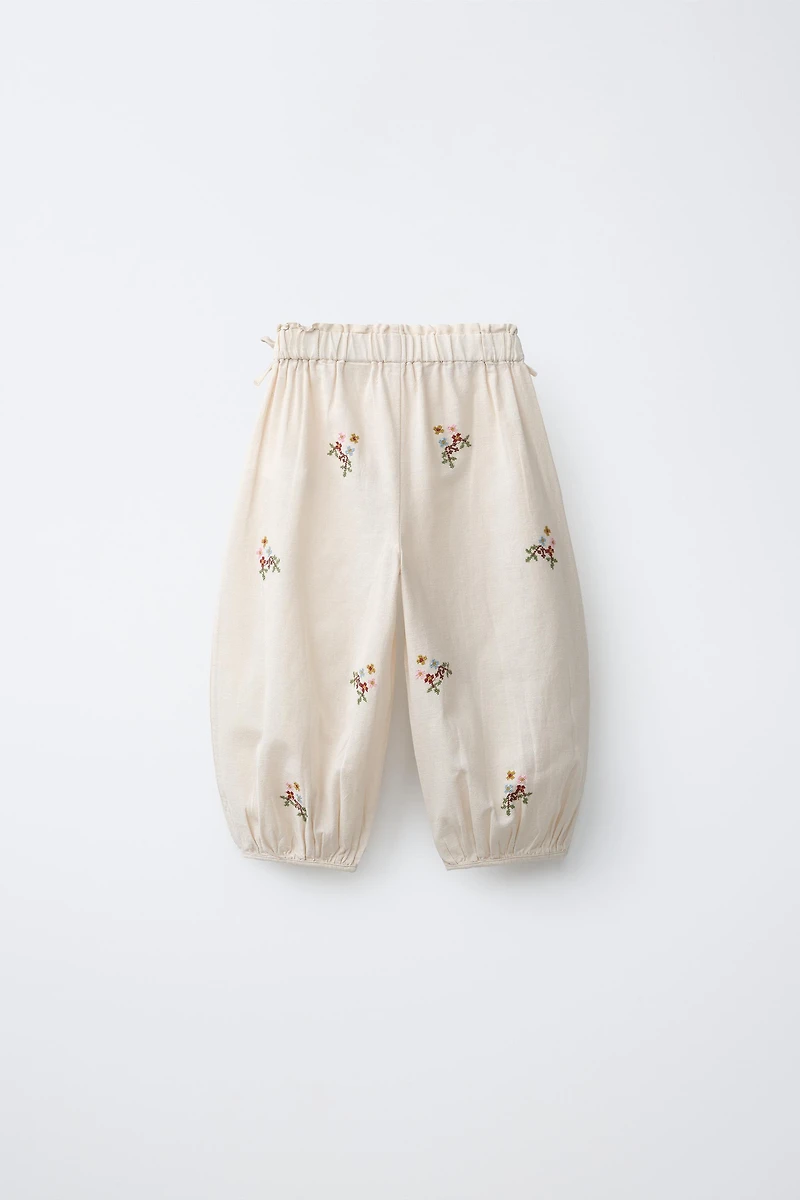 COTTON LINEN BLEND CROSS STITCH EMBROIDERED PANTS