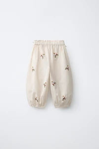 COTTON LINEN BLEND CROSS STITCH EMBROIDERED PANTS