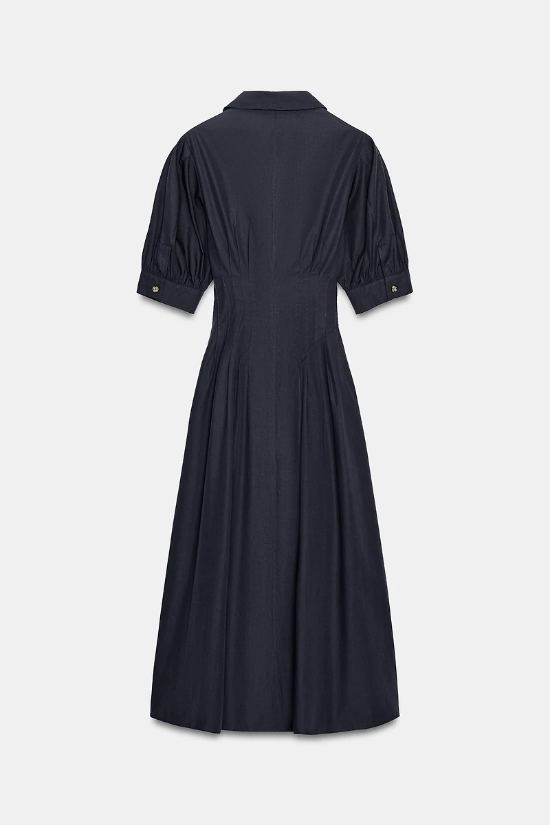 PUFF SLEEVE POPLIN MIDI DRESS