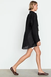 Striped linen blend oversize blouse with button detail