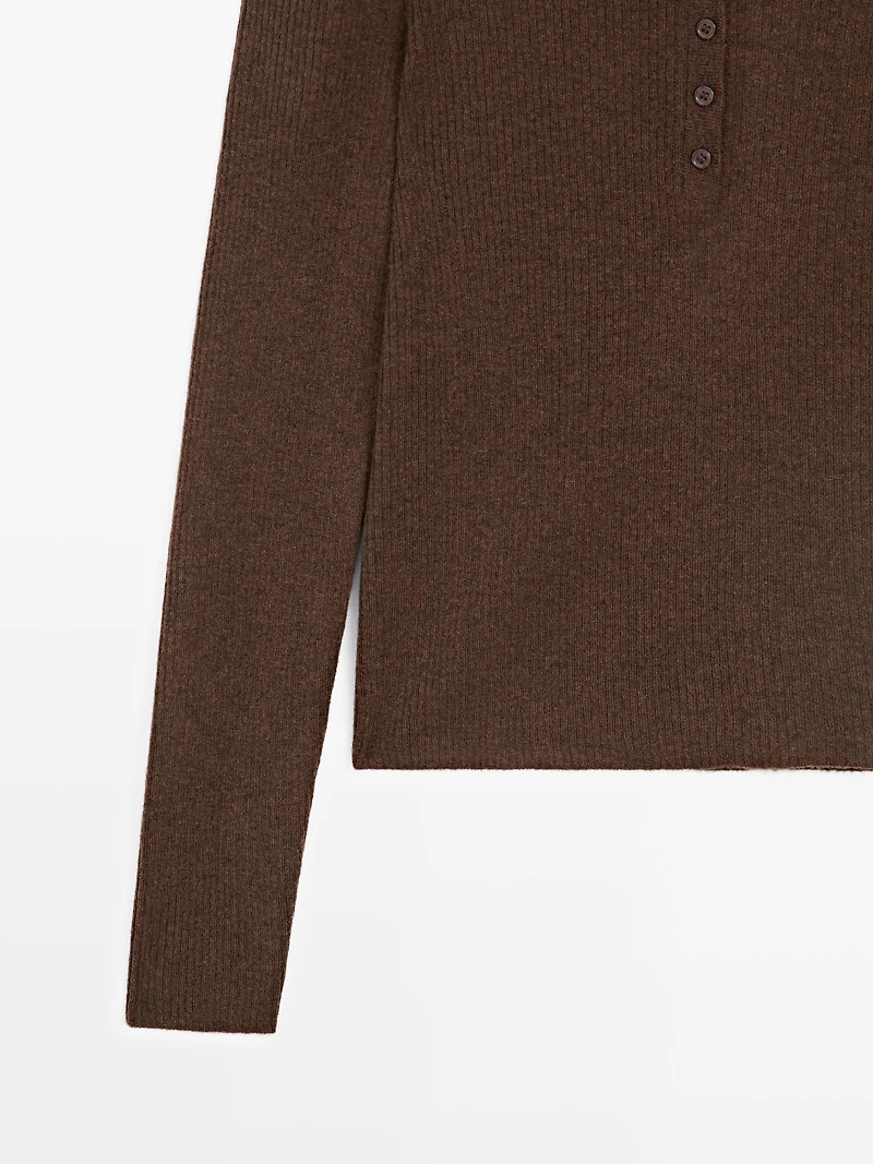 Melange knit polo sweater with collar detail