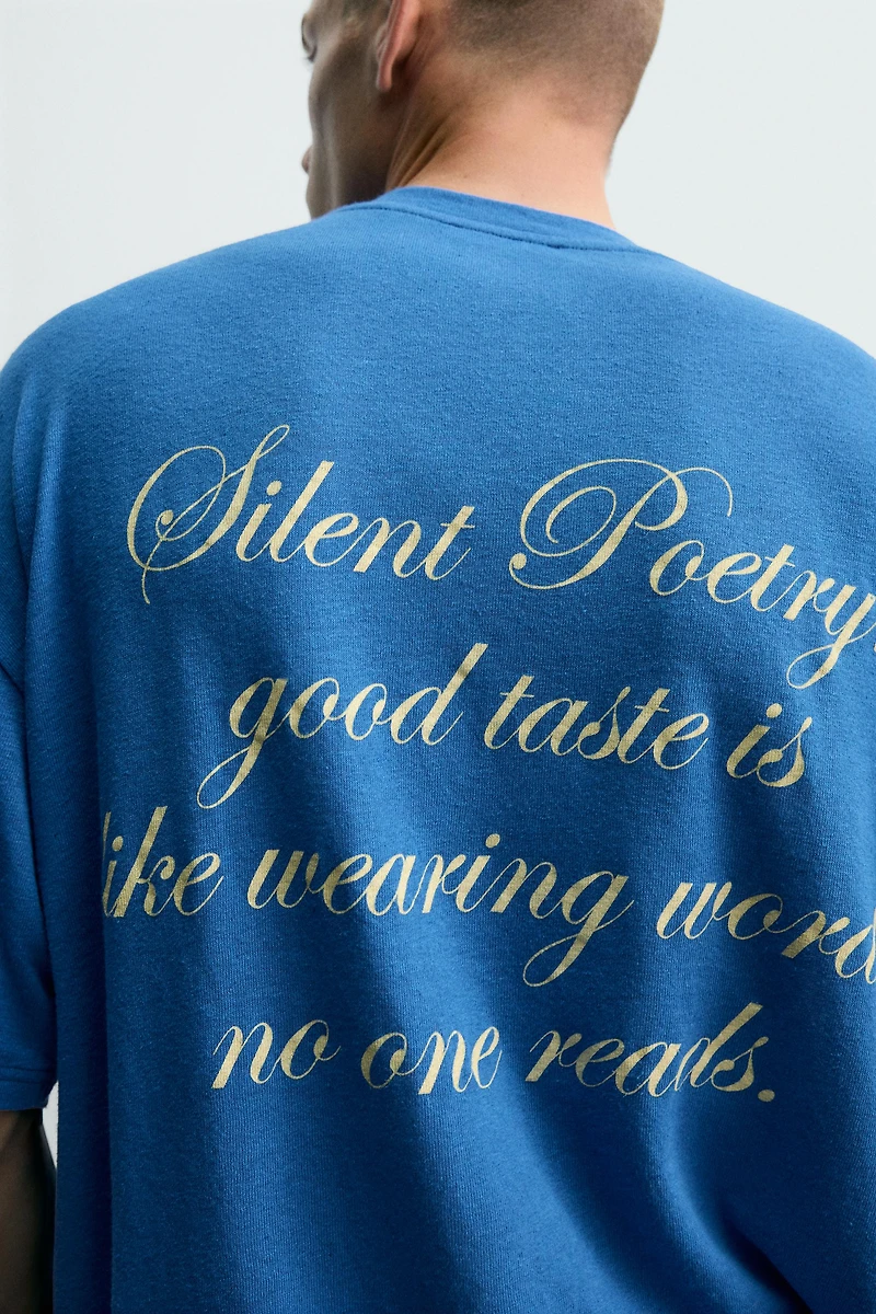 LINEN BLEND PRINTED TEXT T-SHIRT