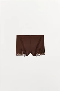 SATIN EFFECT EMBROIDERED LACE SHORTS