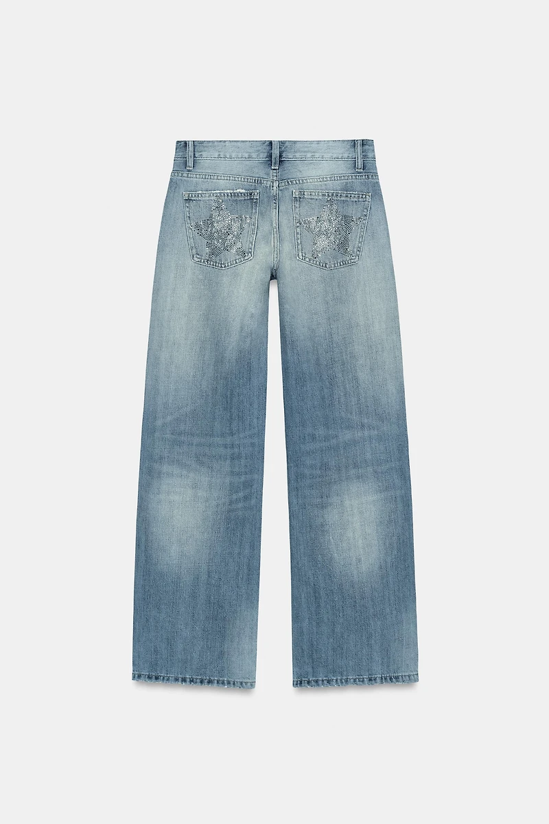 TRF LOW RISE WIDE LEG RHINESTONE JEANS