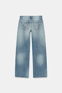 TRF LOW RISE WIDE LEG RHINESTONE JEANS