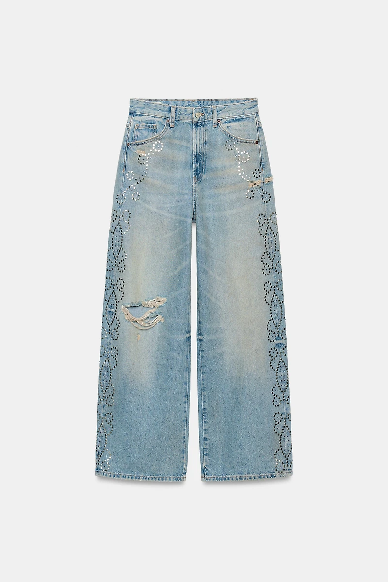 TRF RIPPED STUDDED WIDE LEG JEANS